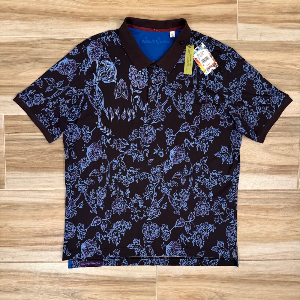 Robert Graham Cloak Lane Mens Short Sleeve Polo Shirt Floral Navy NWT XL Classic